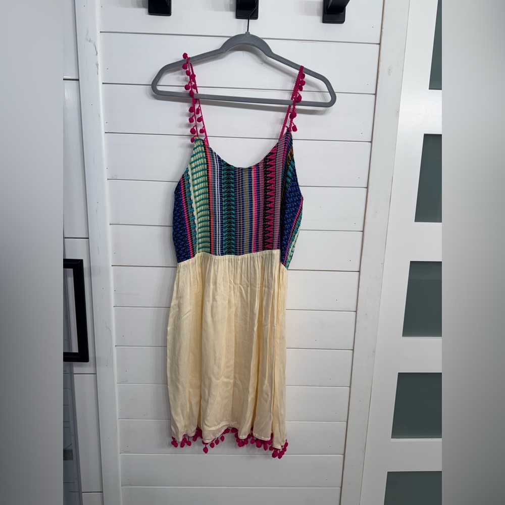 Colorful Striped knit Dress with Pom-Pom Straps